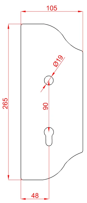 Štít 265x105x3mm s otvormi, rozteč 90mm,  otvor pre kľučku ø 19mm, zdobený, pravý, pre zámok ZM90/80 - slide 1