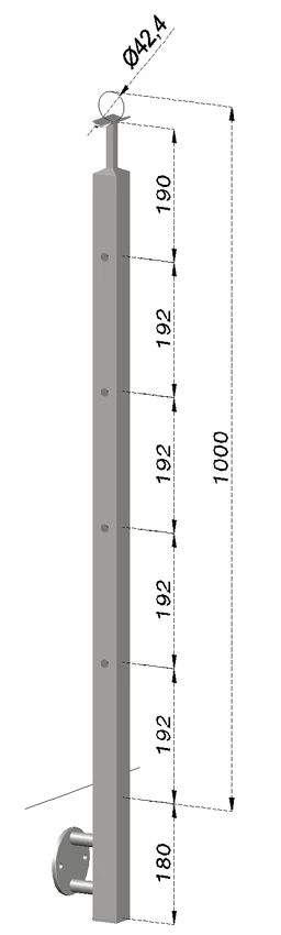 Nerezový sloup, boční kotvení, 4 děrový koncový, levý, vrch pevný (40x40 mm), broušená nerez K320 / AISI304