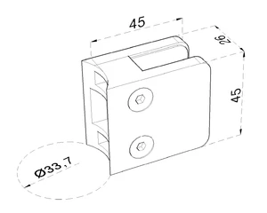 svorka skla / plechu na trubku ø 33.7mm (45x45x26mm) pre sklo: 6-10.76mm, brúsená nerez K320 /AISI304, balenie neobsahuje gumičky na sklo - slide 1