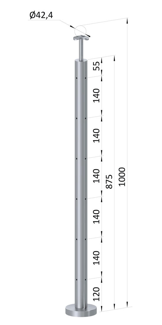 Nerezový sloup, vrchní kotvení, 6 děrový na lanko, rohový: 90°, vrch pevný (ø 42.4x2mm), broušená nerez K320 /AISI304