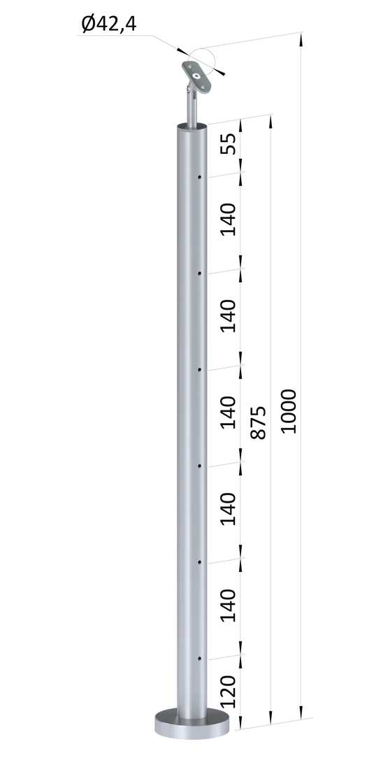 Nerezový sloup, vrchní kotvení, 6 děrový na lanko, průchozí, vrch nastavitelný (ø 42.4x2mm) broušená nerez K320 /AISI304