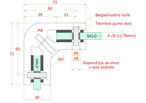 Svorka skla rohová 90˚ úhel (72x45x30mm), na sklo 8-12.76mm, broušená nerez K320 / AISI304, balení neobsahuje gumičky na sklo - slide 1