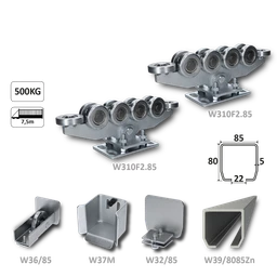 samonosný systém 80x85x5mm posuvnej brány do 500kg/7.5m otvor (W39/8085Zn 6m pozinkovaný profil, 2x W310F2.85, 1x W36/85, 1x W37M, 1x W32/85)