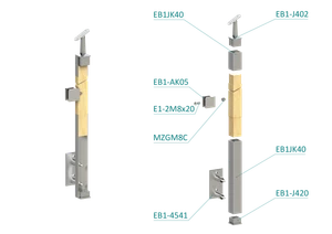 dřevěný sloup, boční kotvení, výplň: sklo, levý, vrch nastavitelný (40x40mm), materiál: buk, broušený povrch bez nátěru - slide 1