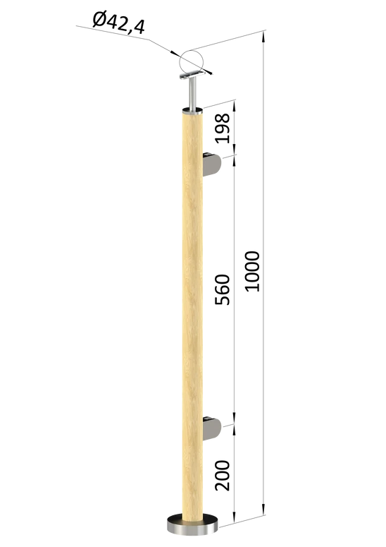 dřevěný sloup, vrchní kotvení, výplň: sklo, pravý, vrch pevný (ø 42mm), materiál: buk, broušený povrch bez nátěru