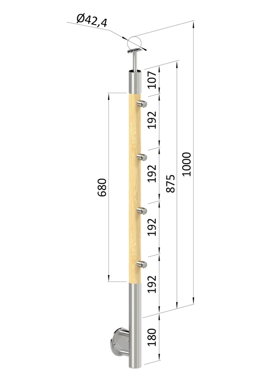 dřevěný sloup, boční kotvení, 4 řadový, průchozí, vnější, vrch pevný (ø 42mm), materiál: buk, broušený povrch bez nátěru