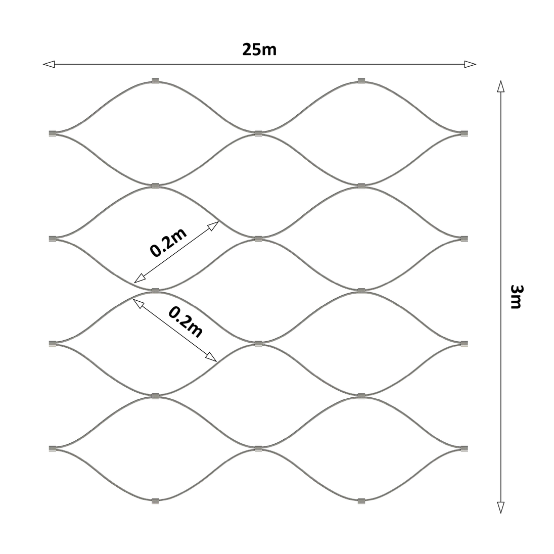 nerezová lanková síť, 3.0m x 25m (šxd), oko 200x200 mm, tloušťka lanka 2mm, AISI316