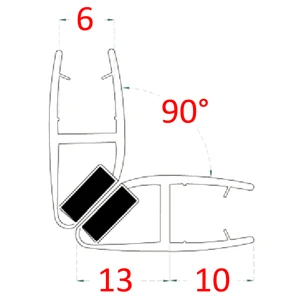 Plastové těsnění magnetické, na sklo 6mm, mezi dvoje skleněné dveře, 90°, 2200mm, 2ks - slide 1