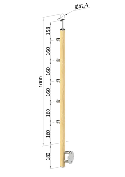 drevený stĺp, bočné kotvenie, 5 radový, priechodný, vonkajší, vrch pevný (ø 42mm), materiál: buk, brúsený povrch s náterom BORI (bezfarebný)