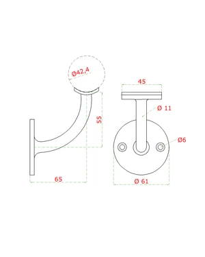 Držák madla na stěnu na trubku ø 42,4 mm, broušená nerez K320 / AISI304 - slide 1