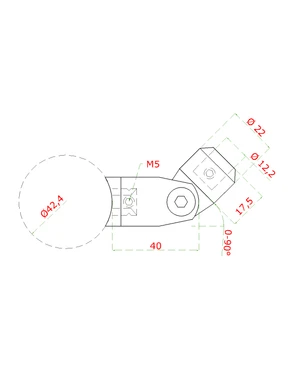 Držiak tyče (ø 12mm) nastaviteľný s kĺbom na trubku ø 42.4mm (40x17.5x22mm), brúsená nerez K320 /AISI304 - slide 1