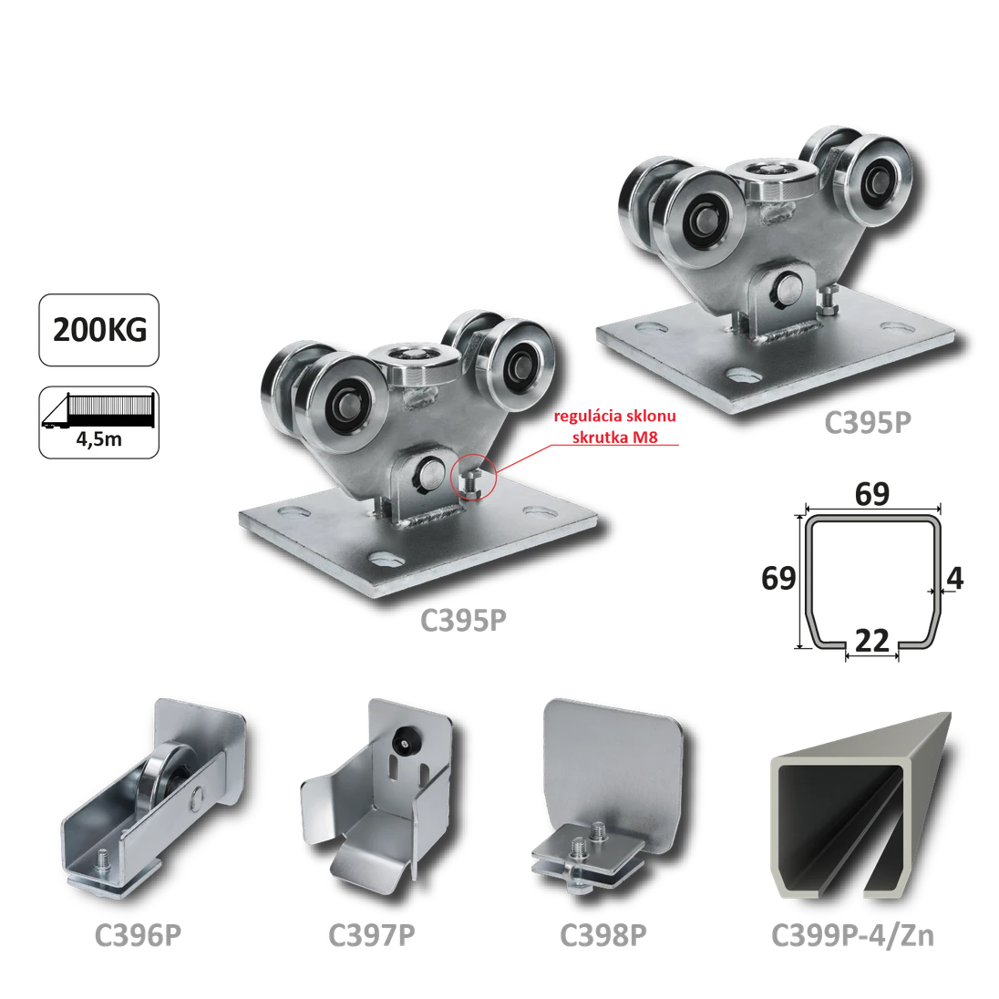 PICCOLO-Klasik samonosný systém 69x69x4 mm pro posuvné brány do 200 kg / 4,5 m otvor (C399P-4/Fe 1x 6 m pozinkovaný profil, C395P KLASIK 2ks, C396P 1ks, C397P 1ks, C398P 1ks) intenzivní provoz