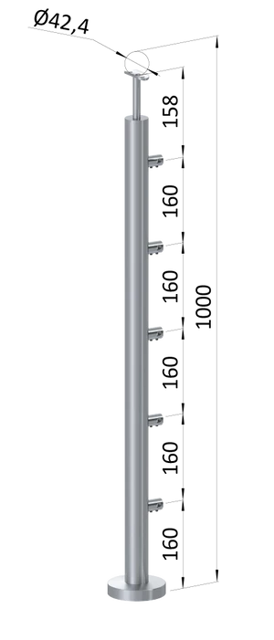 Nerezový sloup, vrchní kotvení, 5 řadový průchodný, vrch pevný (ø 42,4x2 mm), leštěná nerez / AISI304 - slide 0