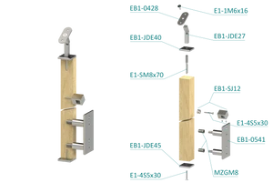 drevený stĺp, bočné kotvenie, 4 radový, priechodný, vnútorný, vrch nastaviteľný (40x40mm), materiál: buk, brúsený povrch s náterom BORI (bezfarebný) - slide 1