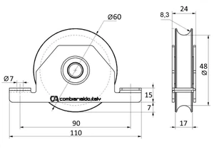 Vodiace koliesko ø 60mm pre zapustenie do jokla Combi Arialdo, pre profil C902/16, nosnosť 100kg - slide 1