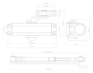 Hydraulický zavírač (162x41x63 mm) pro interiérové dveře, max. délka dveří: 900 mm / max. váha dveří: 60 kg, materiál: AL s povrchovou úpravou - stříbrná - slide 1