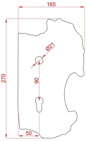 Štít 270x165x2mm s otvormi, rozteč 90mm, otvor pre kľučku ø 21mm, zdobený, ľavý, pre zámok ZM90/80 - slide 1