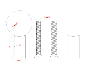 Prechod na vymedzenie vzdialenosti medzi stĺpom ø 42.4mm a kotviacou platňou, ø 20x2.0mm /L:35mm, vnút. skrutka: M8x60mm, brúsená nerez K320 /AISI304, bal: 2ks - slide 1