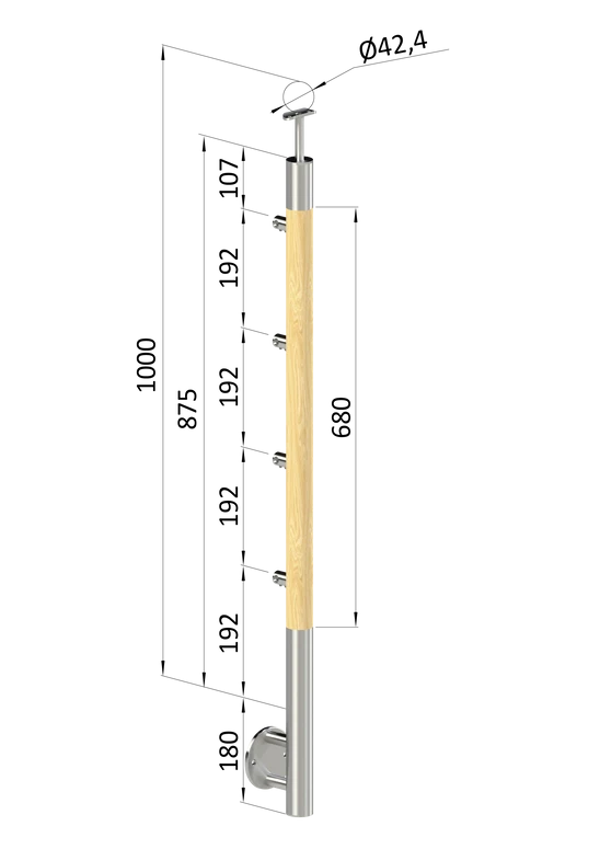 dřevěný sloup, boční kotvení, 4 řadový, průchozí, vnitřní, vrch pevný (ø 42mm), materiál: buk, broušený povrch bez nátěru