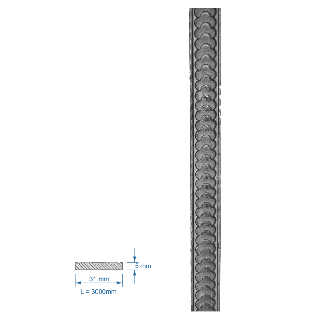 DOPREDAJ Plochá tyč vzorovaná 31x5x3000mm, čierna, Cena za 3m kus