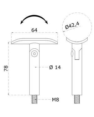 Držák madla s kloubem na trubku ø 42,4 mm (78x64 mm / závit M8), nerez broušená K320 / AISI304 - slide 1