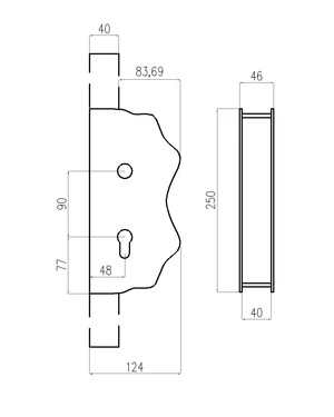 Kazetová sestava pro branku 250x95x40mm, otvor pro kliku ø 20mm, na profil 40x40mm, hladká, pro zámek ZM90/80 - slide 1