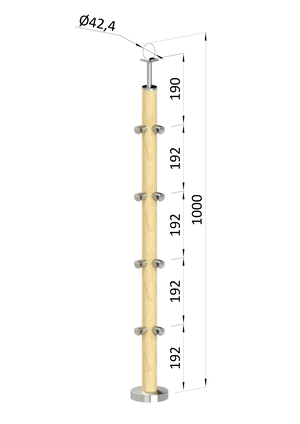 drevený stĺp, vrchné kotvenie, 4 radový, rohový: 90°, vrch pevný (ø 42mm), materiál: buk, brúsený povrch s náterom BORI (bezfarebný) - slide 0