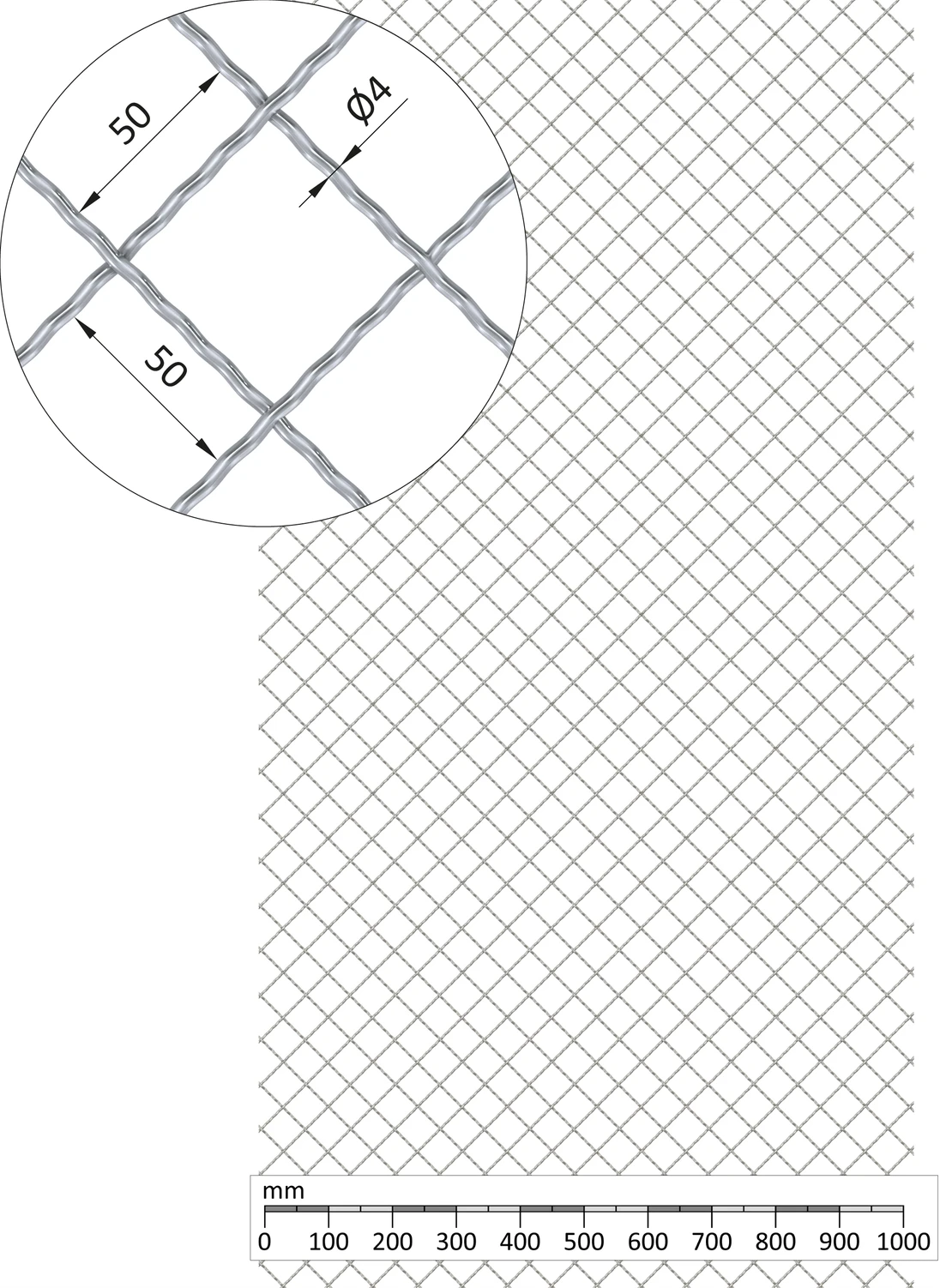 Žebírkové pletené síto - vzor Diamant, oko: 50x50mm, průměr pletiva ø4mm, rozměr 1000x2000mm, pozinkované