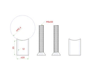 Přechod na vymezení vzdálenosti mezi sloupem ø 42,4 mm a kotevní deskou, ø 20x2,0 mm /L:25 mm, vnitřní šroub: M8x50 mm, broušená nerez K320 / AISI304, bal: 2ks - slide 1