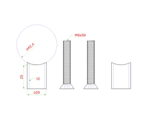 Prechod na vymedzenie vzdialenosti medzi stĺpom ø 42.4mm a kotviacou platňou, ø 20x2.0mm /L:25mm, vnút. skrutka: M8x50mm, brúsená nerez K320 /AISI304, bal: 2ks - slide 1